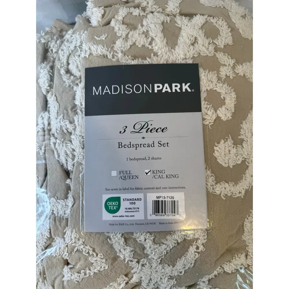 Madison Park King Bedspread Set Beige Chenille Tufted 3pc Luxury Bedding